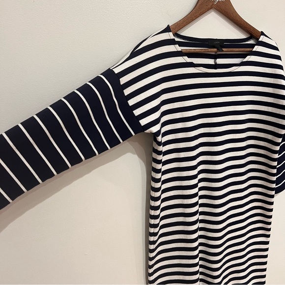 J. Crew Striped Relaxed Cotton Shift Mini Dress, Navy Blue White 3/4 sleeve, S - Picture 6 of 11